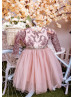 Long Sleeve Cocoa Lace Tulle Beaded Flower Girl Dress